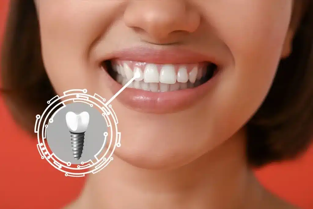Woman smiling showing her teeth with a dental implant in place